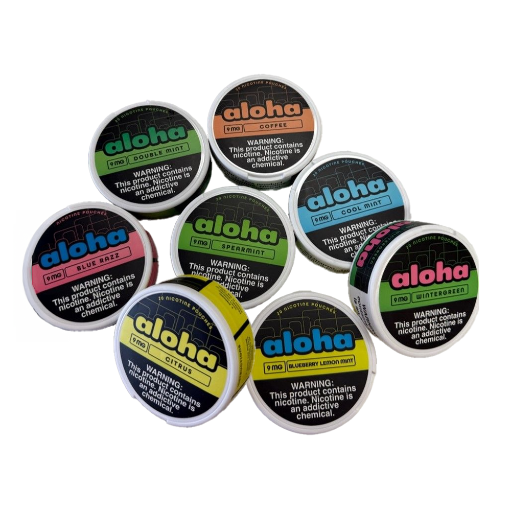 Aloha Nicotine Pouches (20ct Can)(5-Can Pack) Group Photo with Packaging