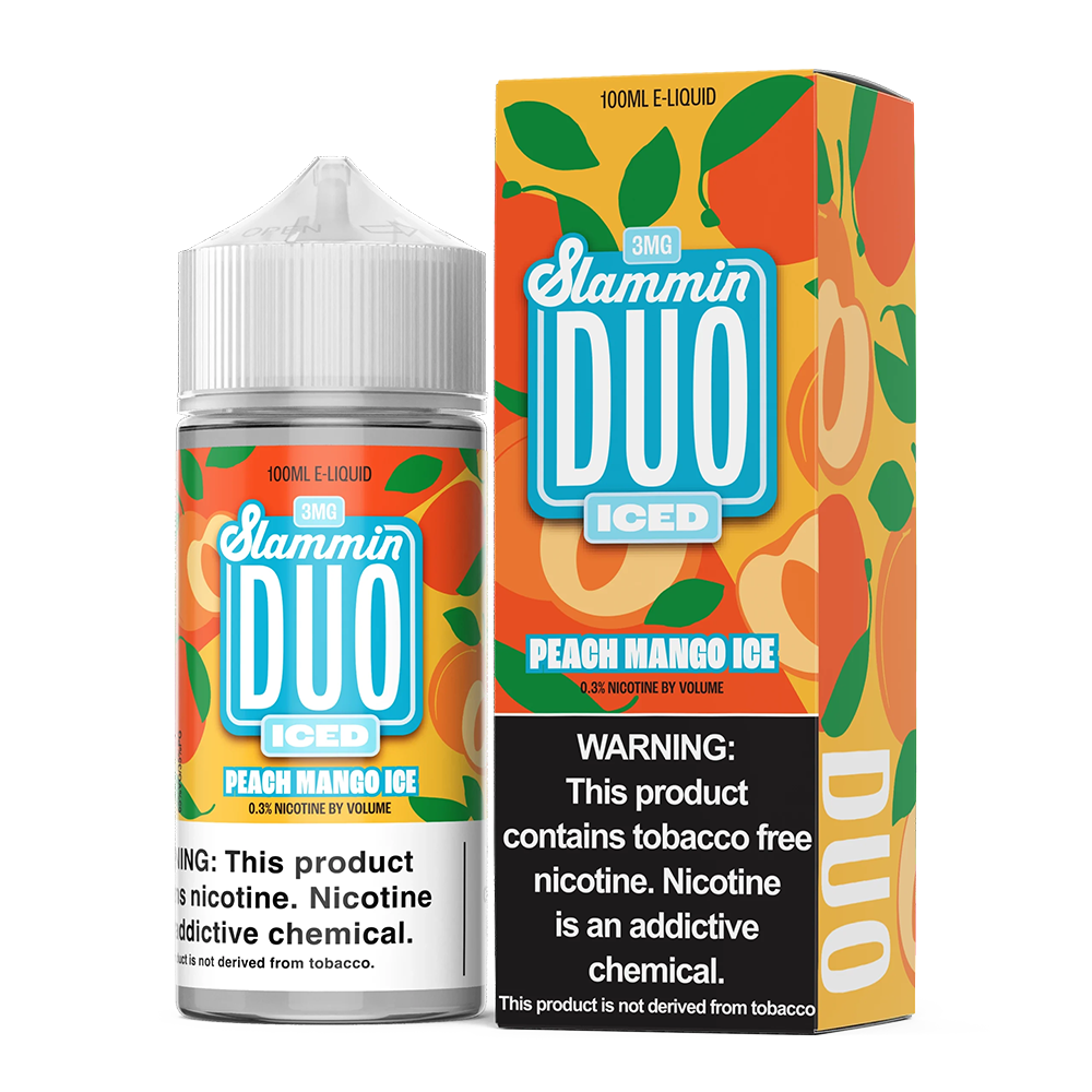 Slammin Duo Series E-Liquid 100mL (Freebase)- Peach Mango Ice with packaging
