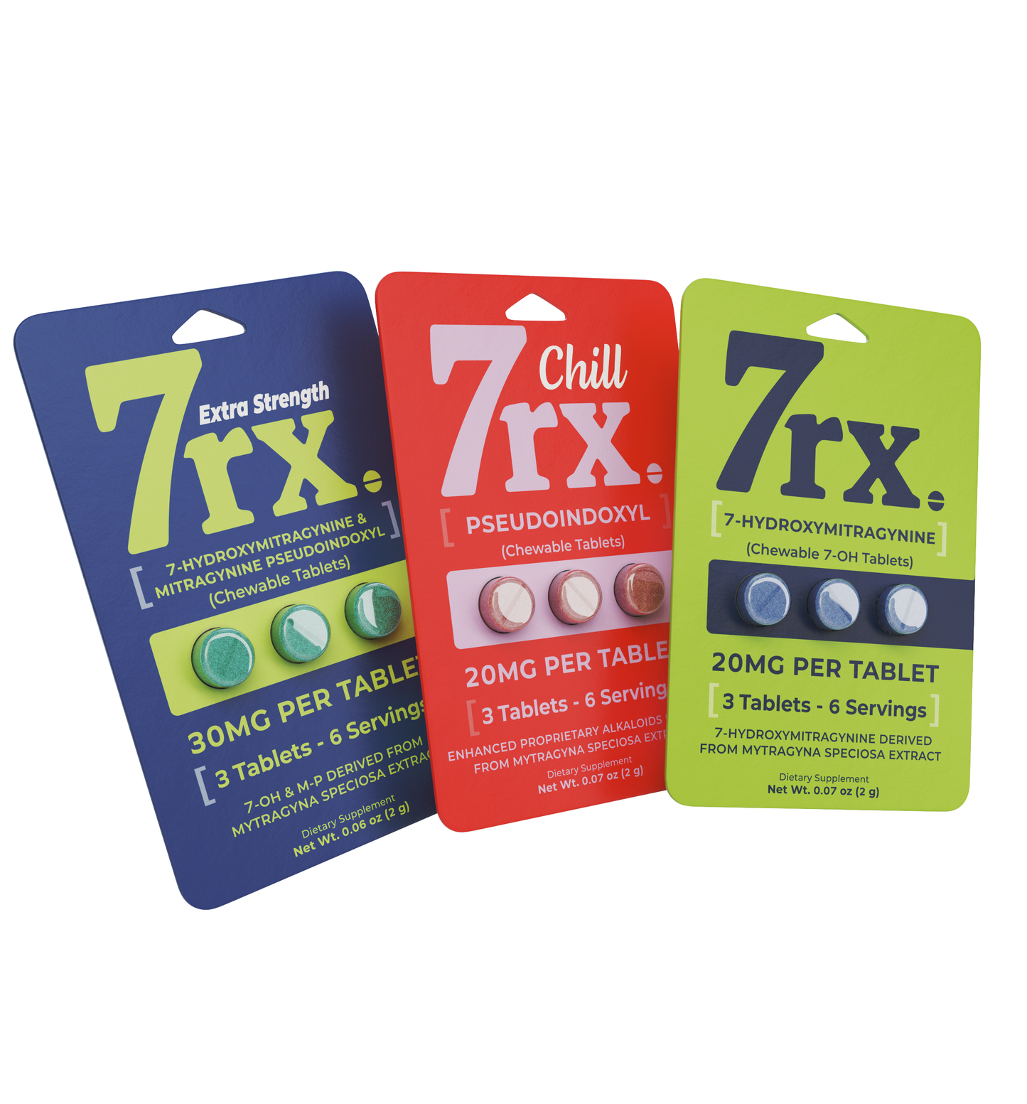 7RX Kratom Chewable Tablet 3ct Pack (20pc Display) - Group Photo