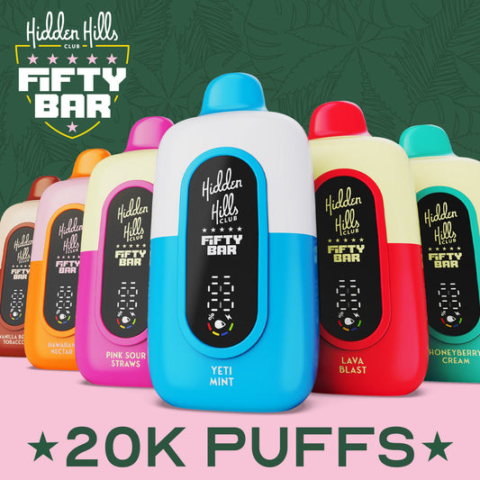 Fifty Bar 20K Hidden Hills Disposable | 20000 Puffs | 18mL | 50mg | MOQ 5 | group photo
