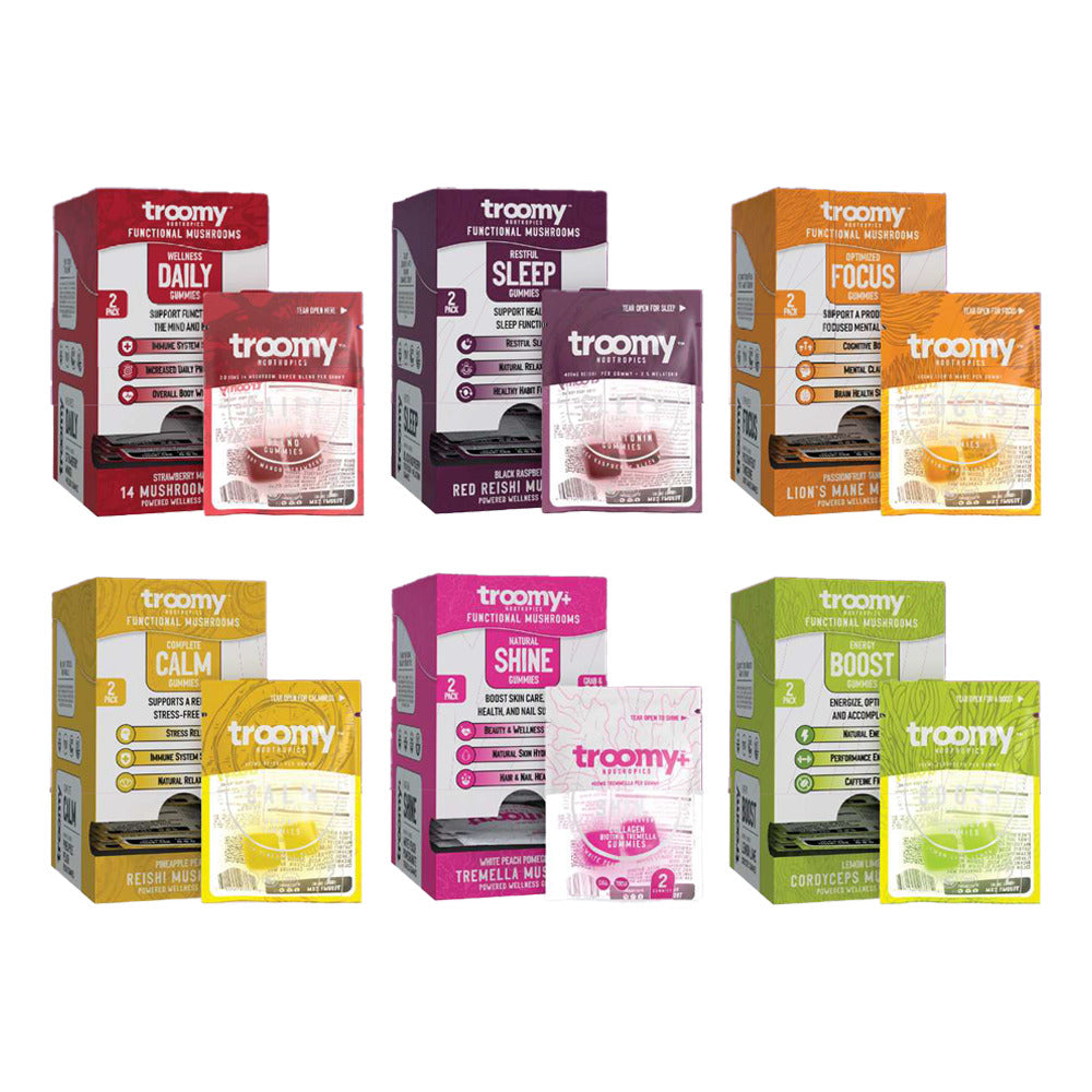 Troomy Nootropics Mushroom Gummies 800mg 2-Pack (15pc Gravity Feeder Display) | Group Photo