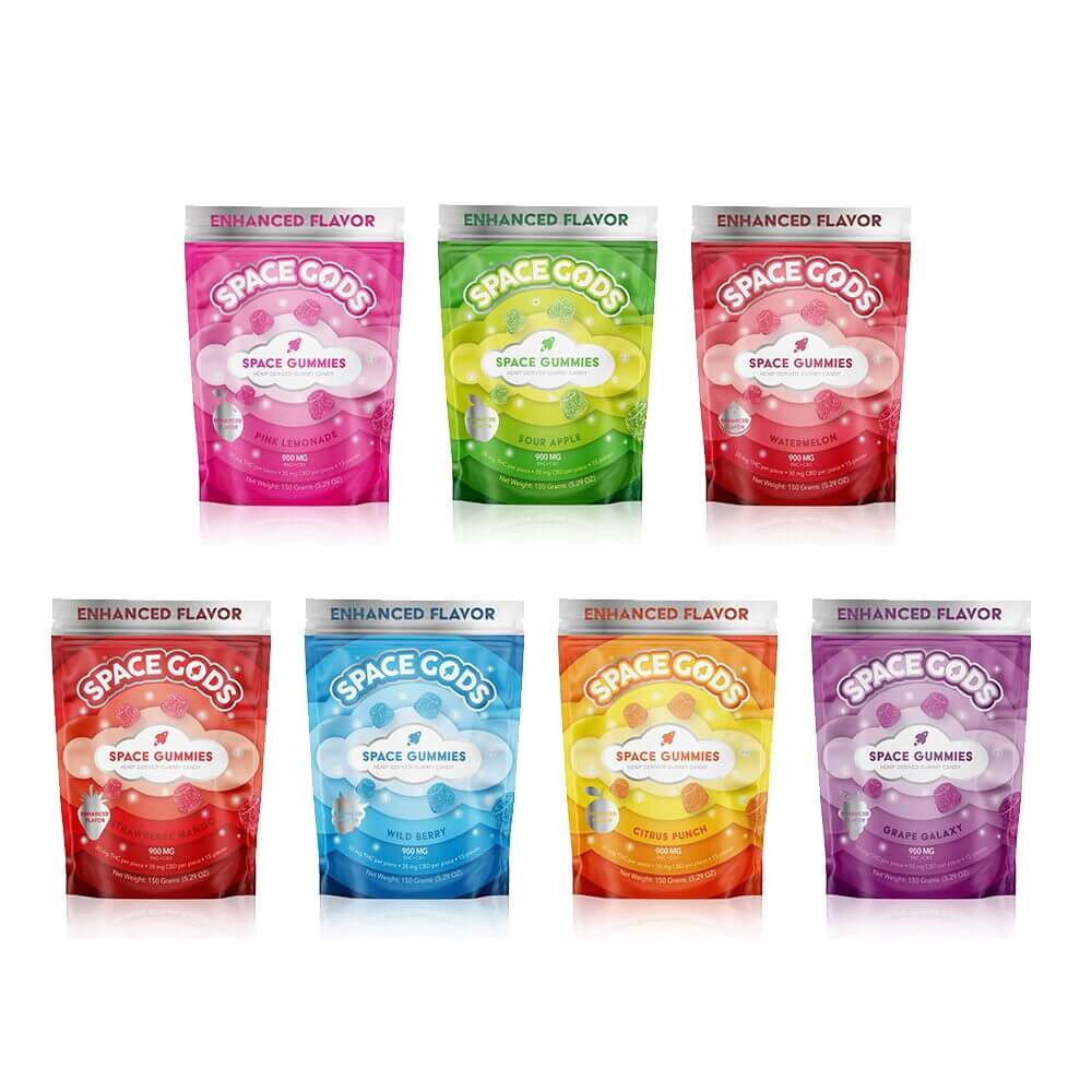 Space Gods Mega Dose D9 + CBD Space Gummies (900mg 15ct Pouch) Group Photo