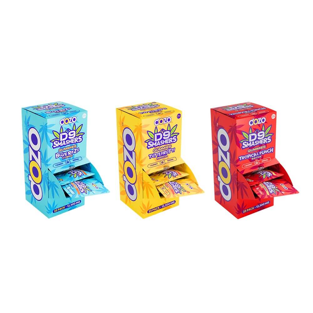 Dozo D9 Smashers Gummy 500mg 1ct Pouch (25pc Gravity Feeder Display) | Group Photo with Packaging