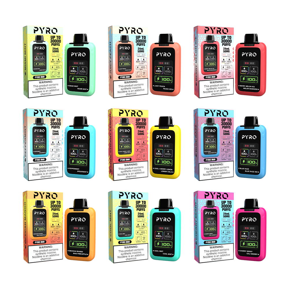 Pyro Duo Disposable | 30000 Puffs | 24mL | 50mg | MOQ 5 | Group Photo with Packaging