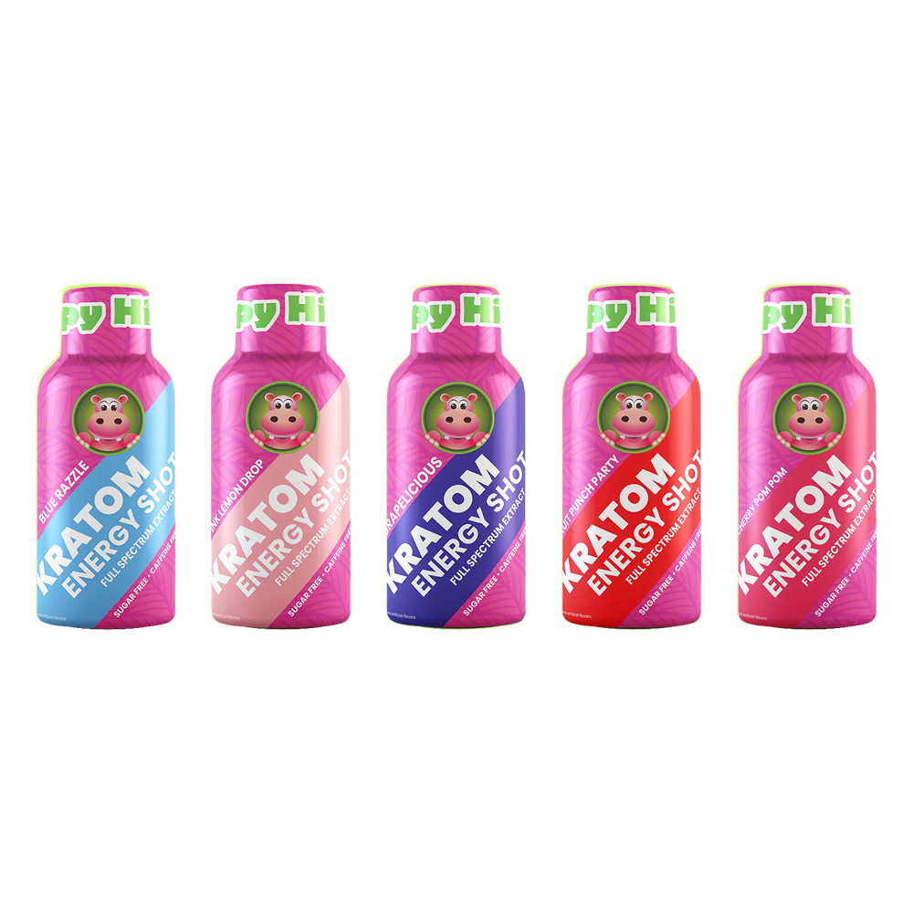 Happy Hippo Kratom Energy Liquid Shots 50mg 59mL Bottle (12pc Display) - Group Photo