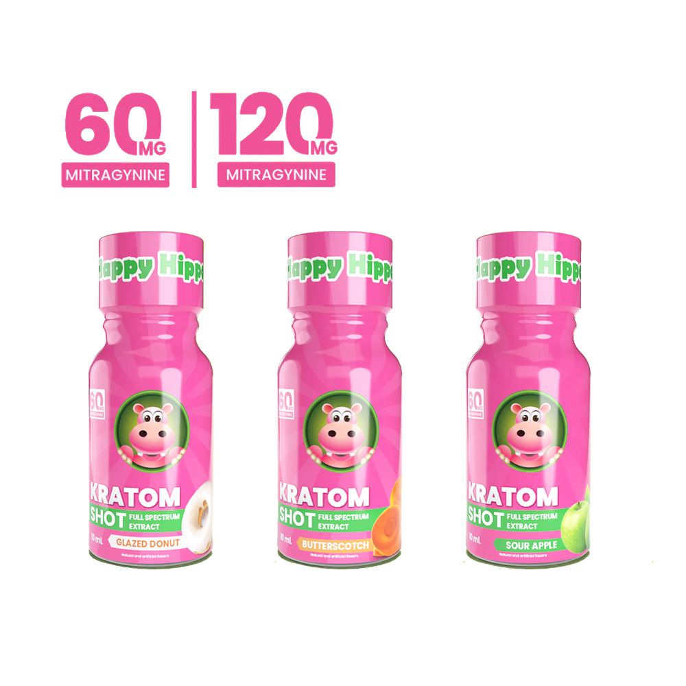 Happy Hippo Kratom Extract Liquid Shots 60-120mg 59mL Bottle (12pc Display) - Group Photo