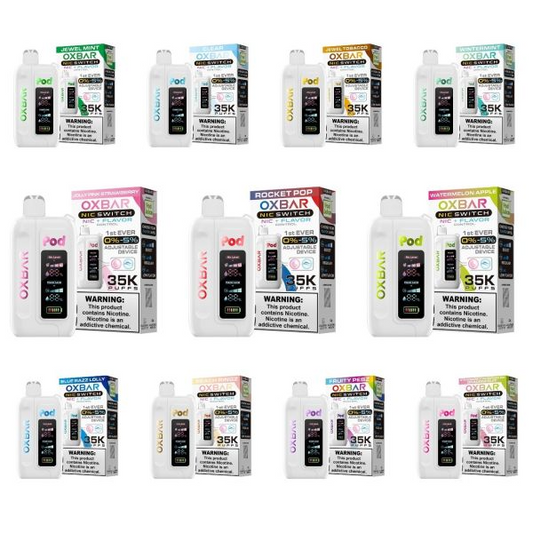 Oxbar Nic-Switch Pod Juice Edition Disposable | 35000 Puffs | 14mL | 00mg-50mg | MOQ 5 | Group Photo with Packaging