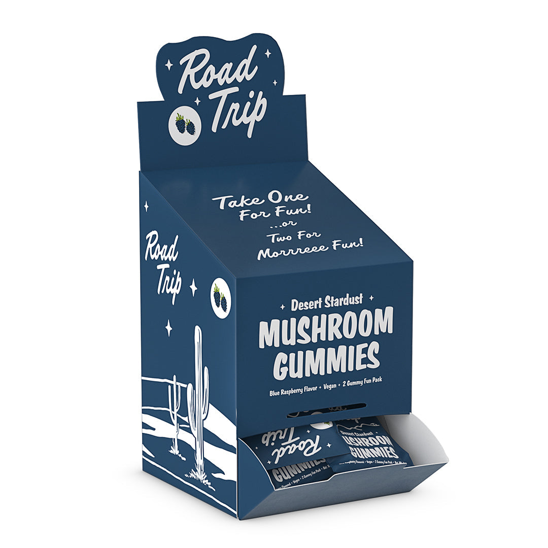 Road Trip Mushroom Gummies (2ct Pouches) 30pc Loaded Display - Blue Raspberry with packaging