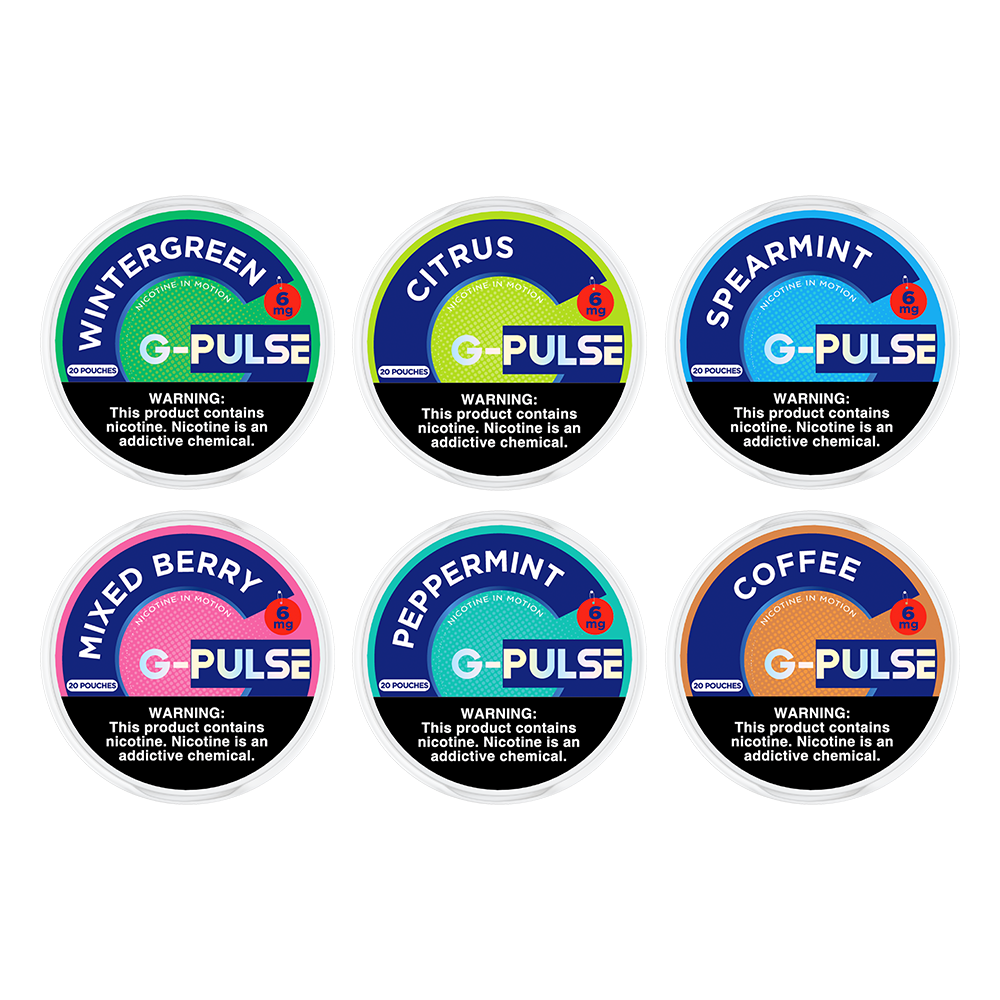 G Pulse Nicotine Pouches | 20ct Can | 5pc Display | Group Photo