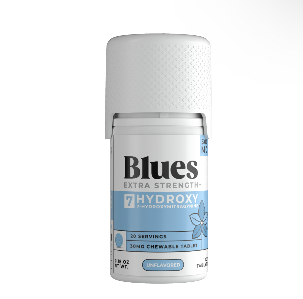 Blues Kratom 7-Hydroxymitragynine Extra Strength Chewable Tablets (30mg Tablet) (300mg Bottle) - Unflavored