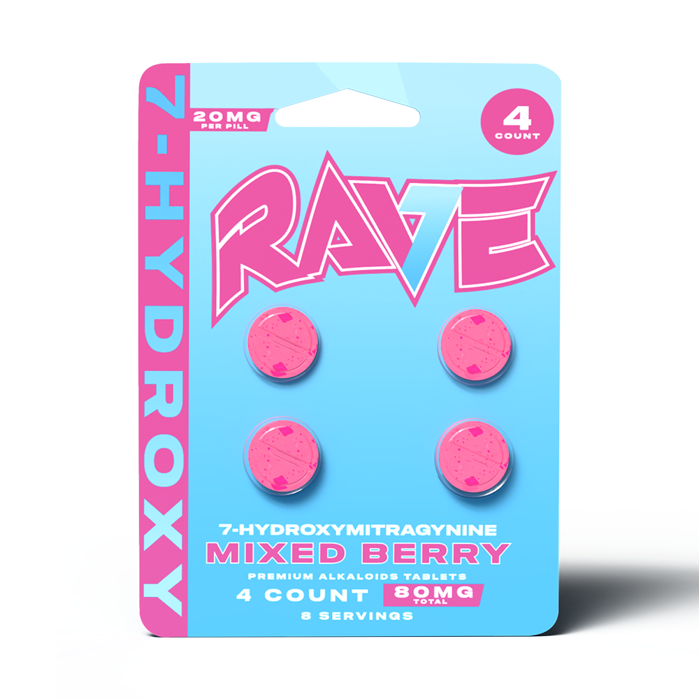 Rave Kratom 7-OH Extract Tablets 10pc Display (4ct per pack) - Mixed Berry
