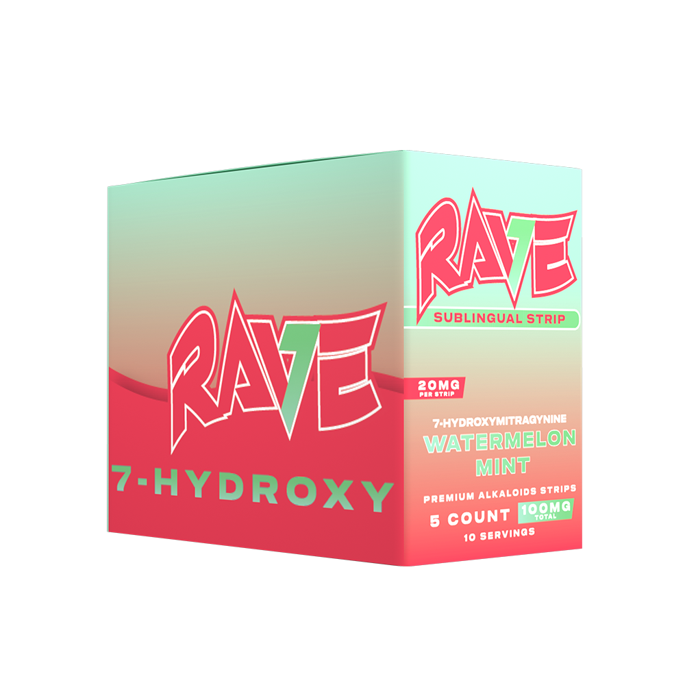 Rave Kratom 7 Hydroxy Sublingual Strips 10pc Display (5 strips per pouch) - Watermelon Mint packaging