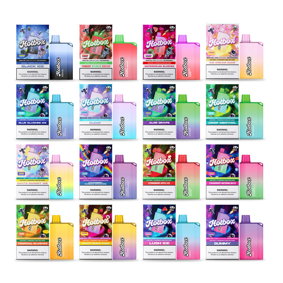 Puff HotBox Disposable | 7500 puffs | 16mL | MOQ 10pc | Group Photo with Packaging