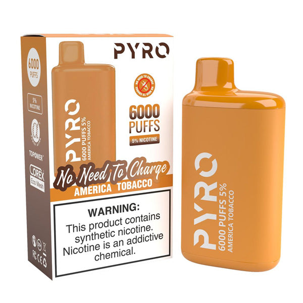 Pyro Disposable | 6000 Puffs | 13ml | 5% | 50Mg | MOQ10 | America Tobacco with Packaging