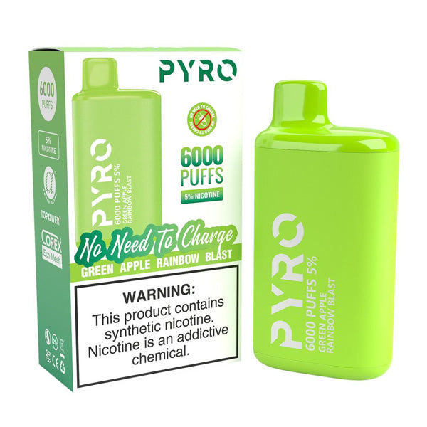 Pyro Disposable | 6000 Puffs | 13ml | 5% | 50Mg | MOQ10 | Green Apple Rainbow Blast with Packaging