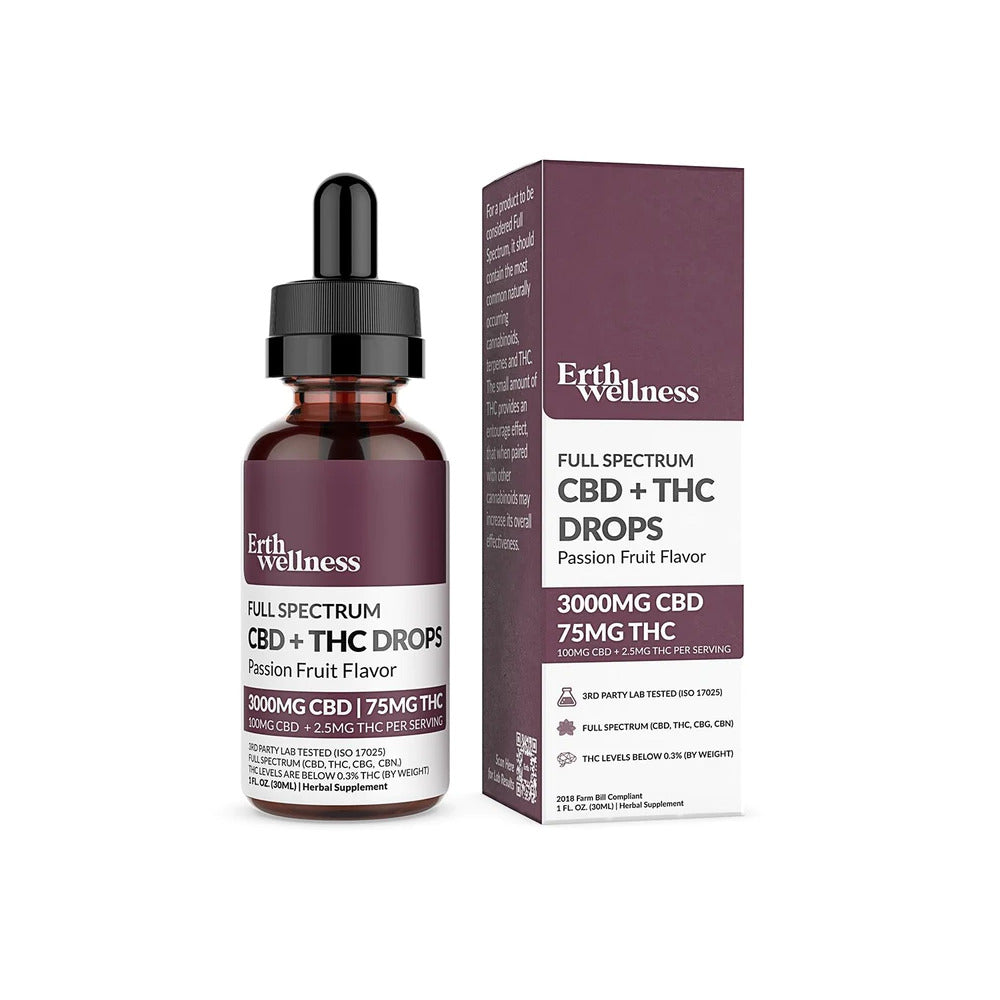 ERTH CBD Broad Spectrum CBD + THC Tincture Drops (30mL) | Passion Fruit with Packaging