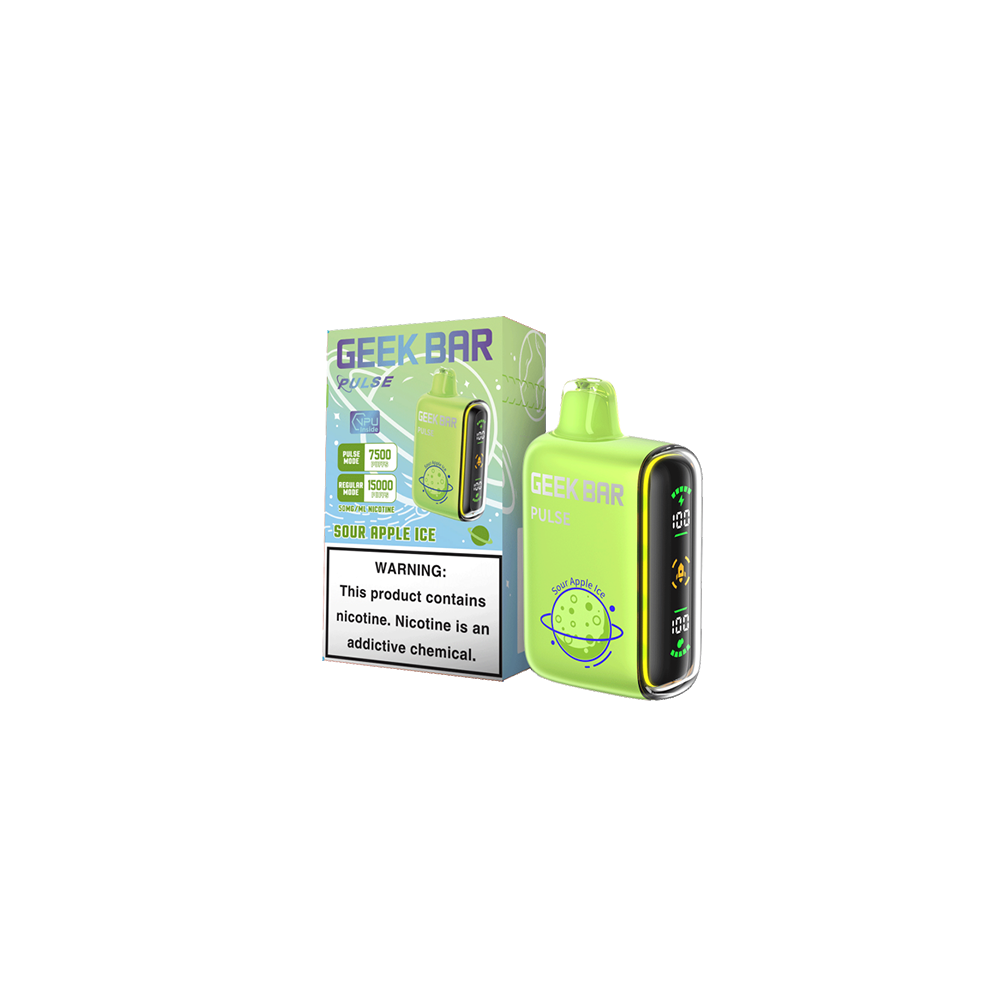 Geek Bar Pulse Disposable | 15000 Puffs | 16mL | 50mg | MOQ 5 | Sour Apple Ice with packaging