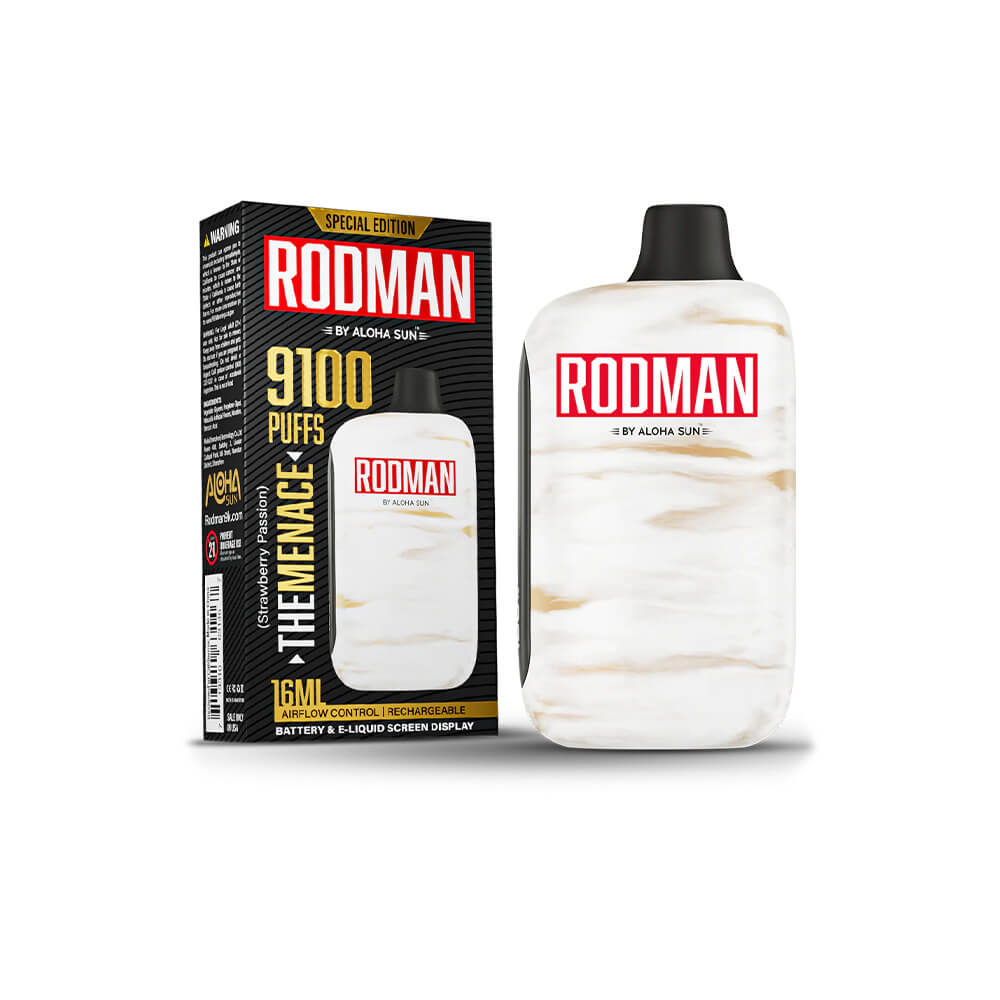 Aloha Sun Rodman Disposable | 9100 Puffs | 16mL | 50mg | MOQ 10 | The Menace Strawberry Passion with packaging