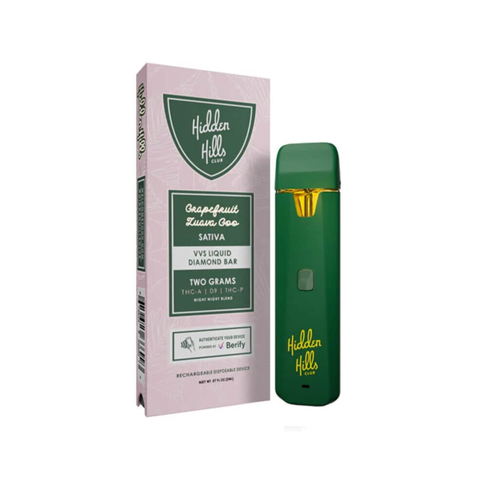 Hidden Hills Night Night Blend VVS Liquid Diamonds THCA + THCP + PHC Disposable (2g) | Grapefruit Zuava Goo with Packaging