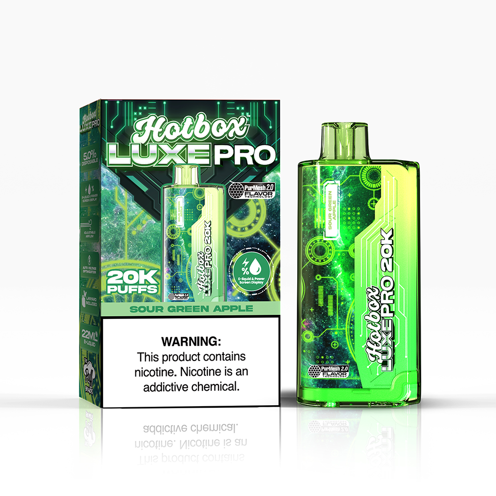 Puff Labs Hotbox Luxe Pro Disposable | 20000 Puffs | 22mL | 50mg | MOQ 5 | Sour Green Apple with Packaging