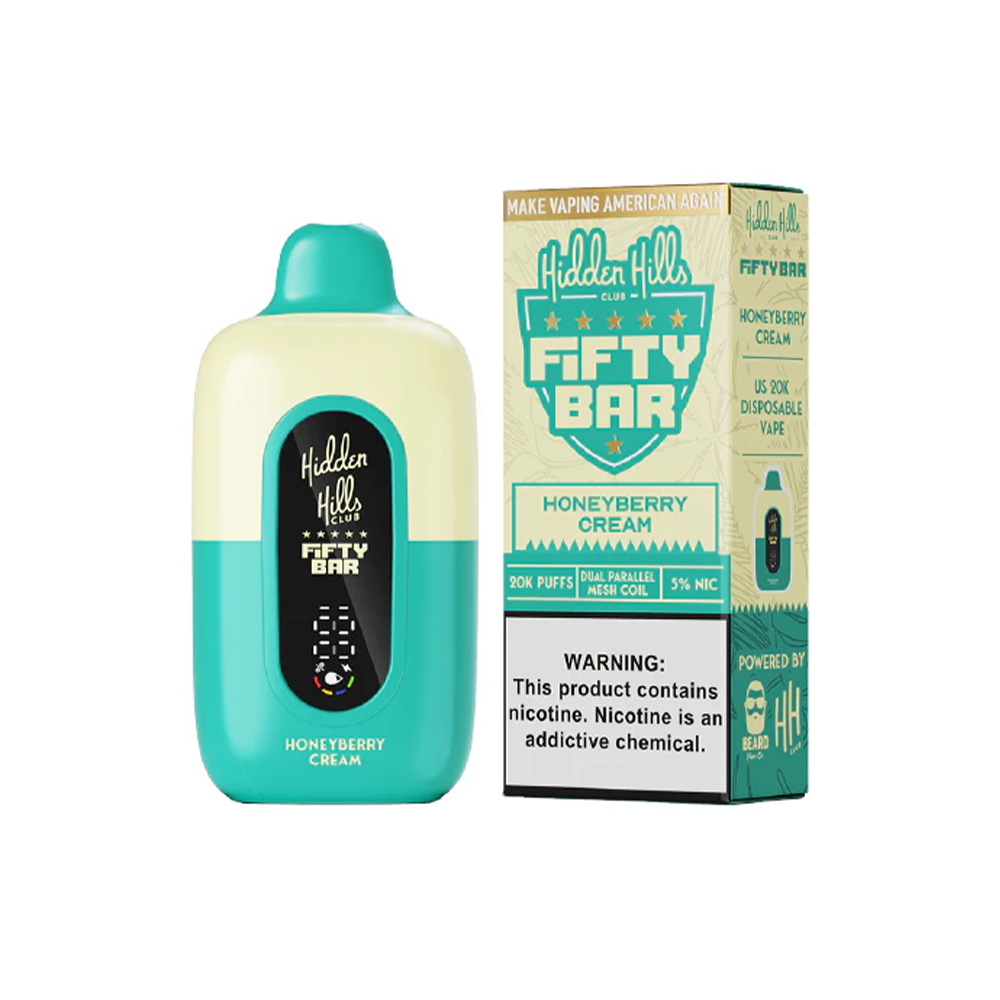 Fifty Bar 20K Hidden Hills Disposable | 20000 Puffs | 18mL | 50mg | MOQ 5 | Honeyberry Cream with packaging