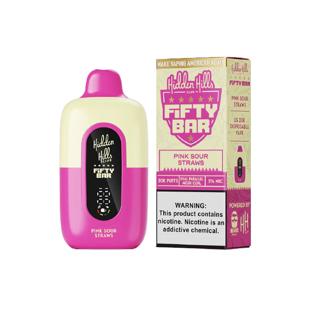 Fifty Bar 20K Hidden Hills Disposable | 20000 Puffs | 18mL | 50mg | MOQ 5 | Pink Sour Straws with packaging