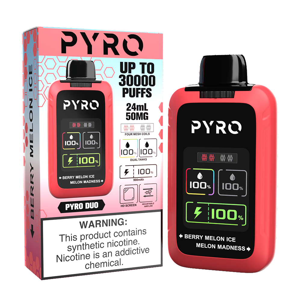 Pyro Duo Disposable | 30000 Puffs | 24mL | 50mg | MOQ 5 | Berry Melon Ice / Melon Madness with packaging