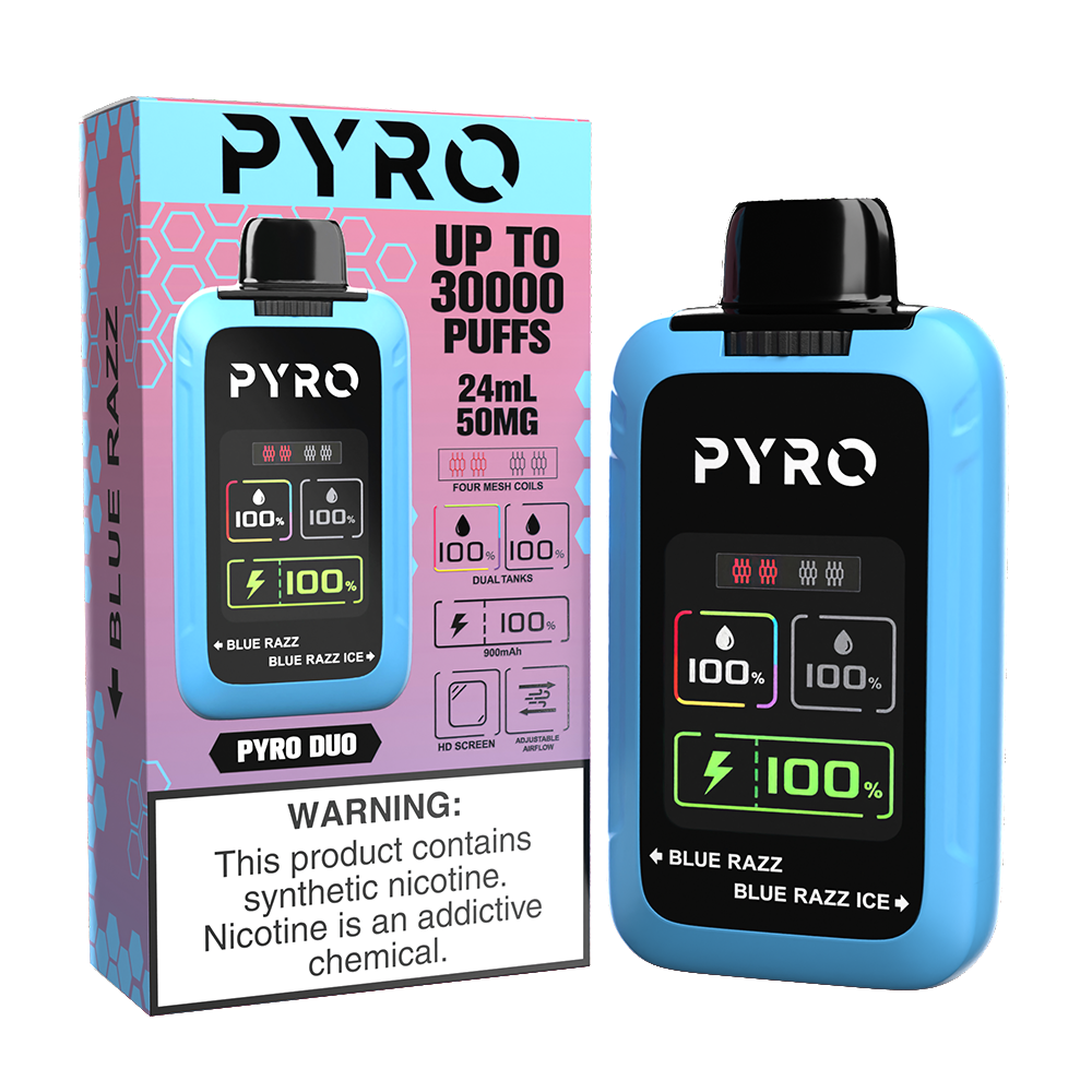 Pyro Duo Disposable | 30000 Puffs | 24mL | 50mg | MOQ 5 | Blue Razz / Blue Razz Ice with packaging