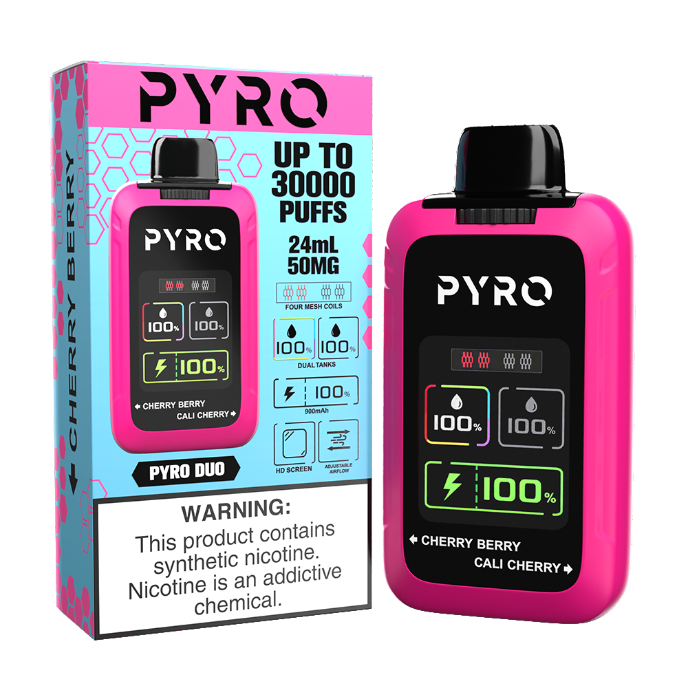 Pyro Duo Disposable | 30000 Puffs | 24mL | 50mg | MOQ 5 | Cherry Berry / Cali Cherry with packaging