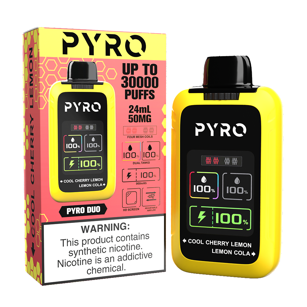 Pyro Duo Disposable | 30000 Puffs | 24mL | 50mg | MOQ 5 | Cool Cherry Lemon / Lemon Cola with packaging