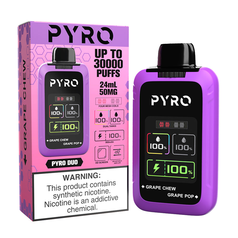 Pyro Duo Disposable | 30000 Puffs | 24mL | 50mg | MOQ 5 | Grape Chew / Grape Pop with packaging