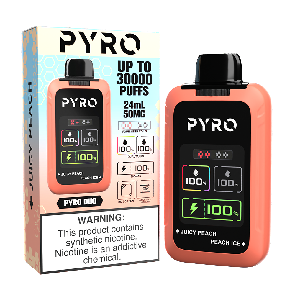 Pyro Duo Disposable | 30000 Puffs | 24mL | 50mg | MOQ 5 | Juicy Peach / Peach Ice with packaging