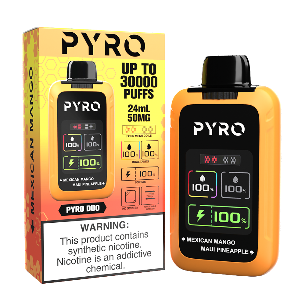 Pyro Duo Disposable | 30000 Puffs | 24mL | 50mg | MOQ 5 | Mexican Mango / Maui Pineapple with packaging