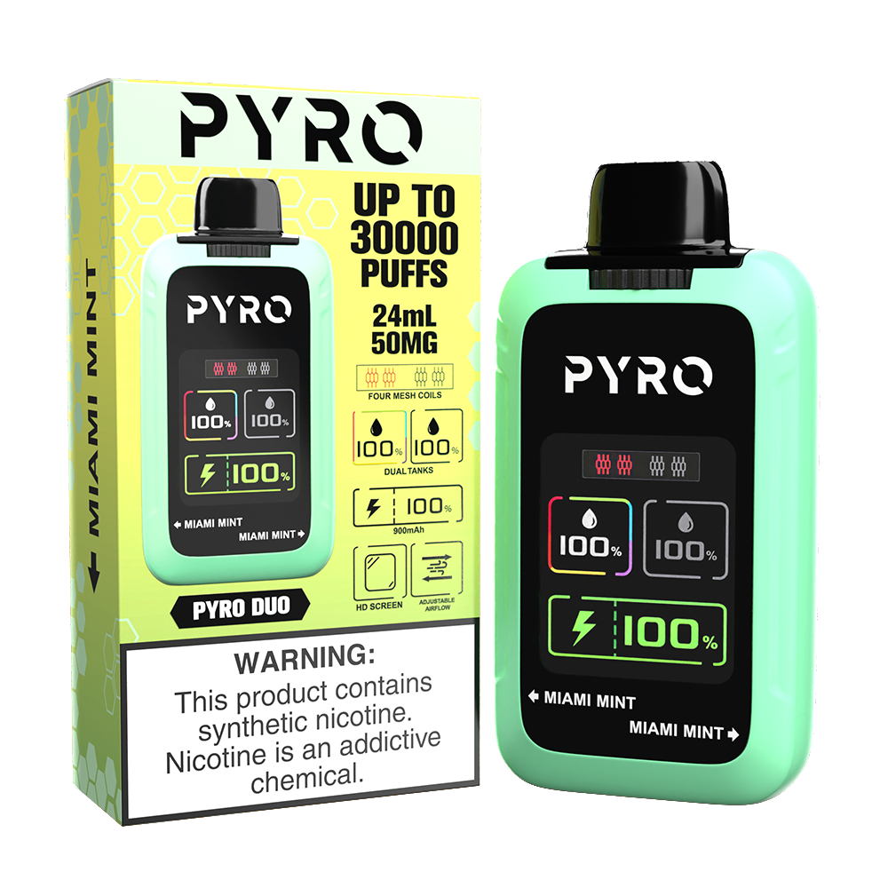 Pyro Duo Disposable | 30000 Puffs | 24mL | 50mg | MOQ 5 | Miami Mint with packaging