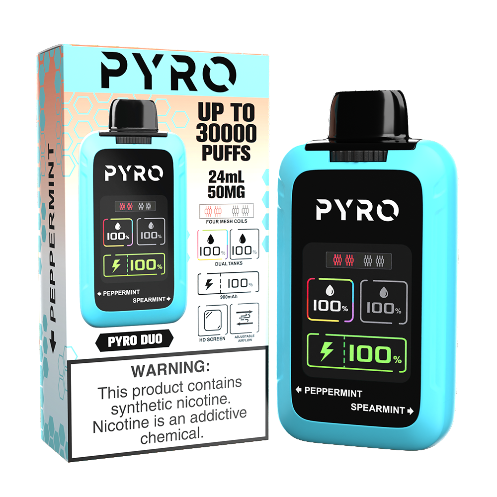 Pyro Duo Disposable | 30000 Puffs | 24mL | 50mg | MOQ 5 | Peppermint / Spearmint with packaging