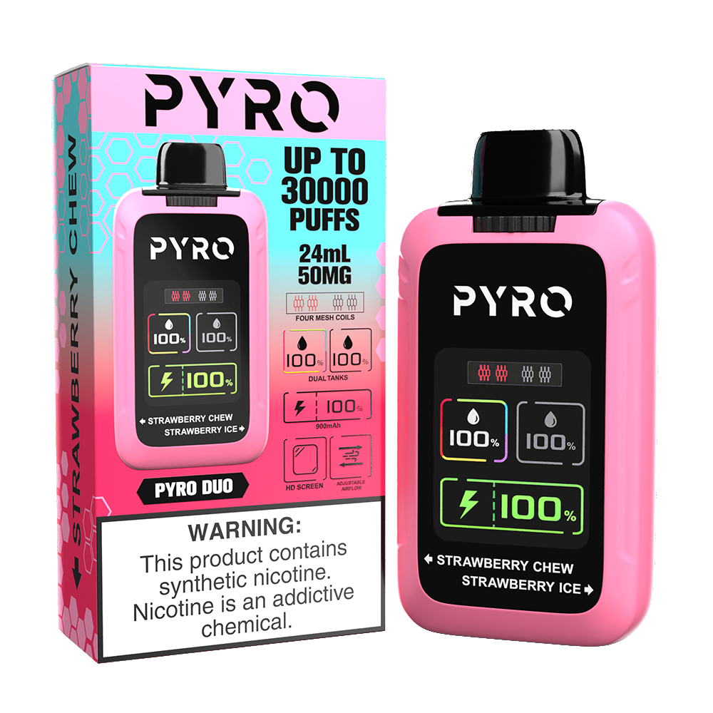 Pyro Duo Disposable | 30000 Puffs | 24mL | 50mg | MOQ 5 | Strawberry Chew / Strawberry Ice with packaging