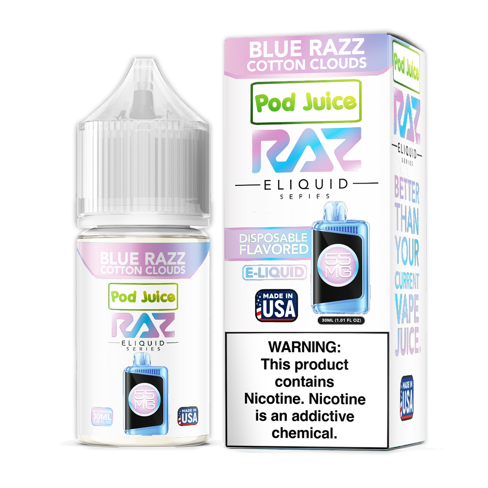 Pod Juice + RAZ Disposables Collab Salt E-Liquid 30mL (Salt Nic) - Blue Razz Cotton Clouds with packaging