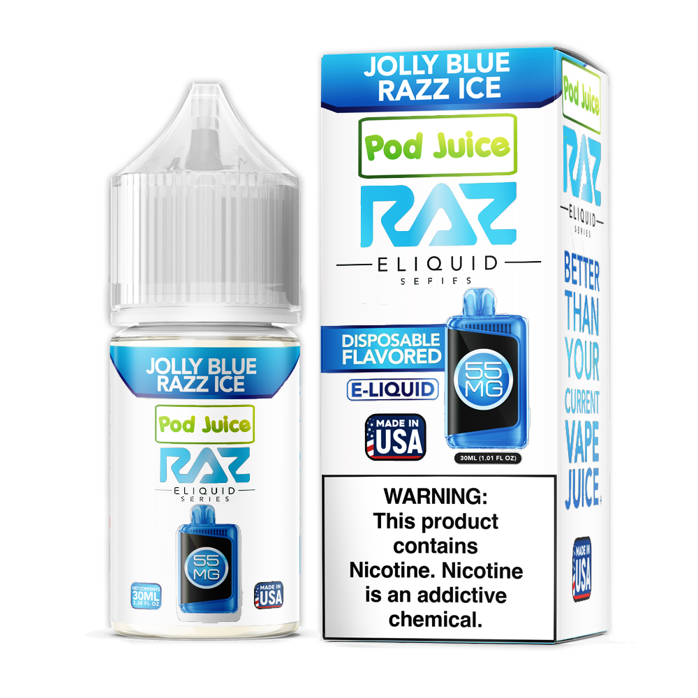 Pod Juice + RAZ Disposables Collab Salt E-Liquid 30mL (Salt Nic) - Jolly Blue Razz Ice with packaging