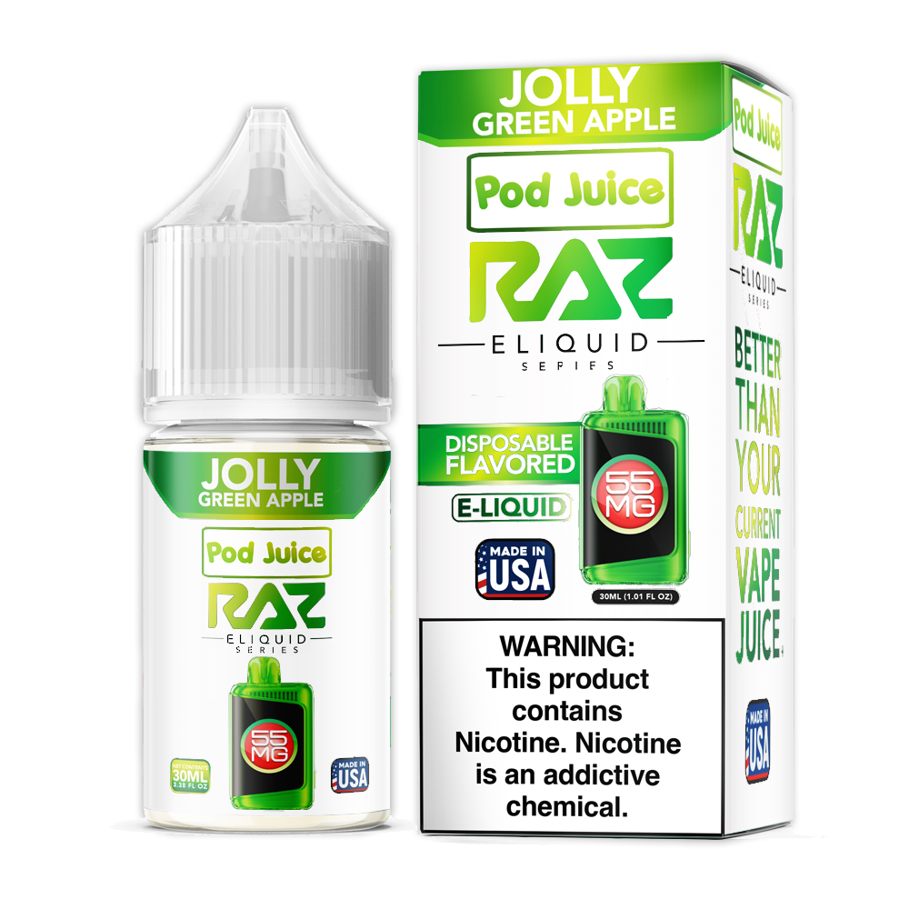 Pod Juice + RAZ Disposables Collab Salt E-Liquid 30mL (Salt Nic) - Jolly Green Apple with packaging
