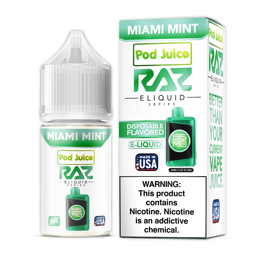 Pod Juice + RAZ Disposables Collab Salt E-Liquid 30mL (Salt Nic) - Miami Mint with packaging