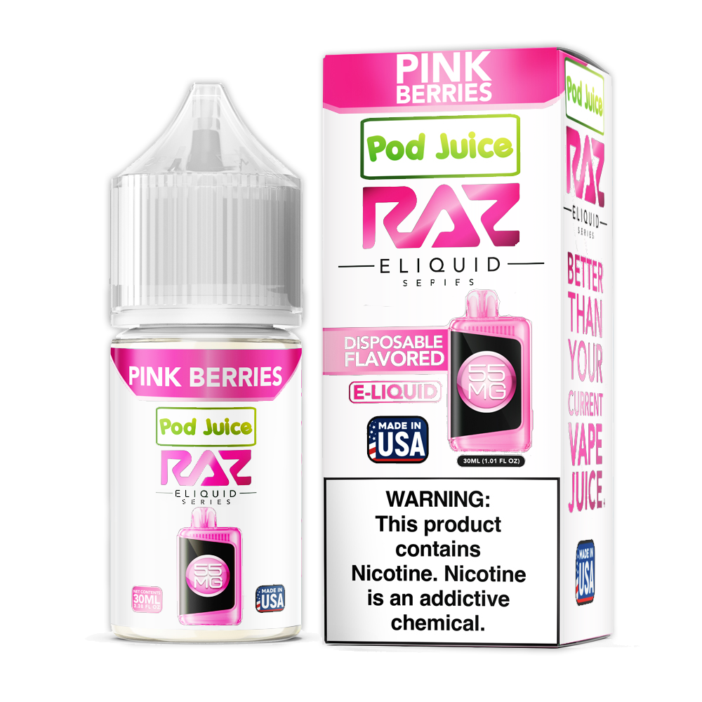 Pod Juice + RAZ Disposables Collab Salt E-Liquid 30mL (Salt Nic) - Pink Berries with packaging
