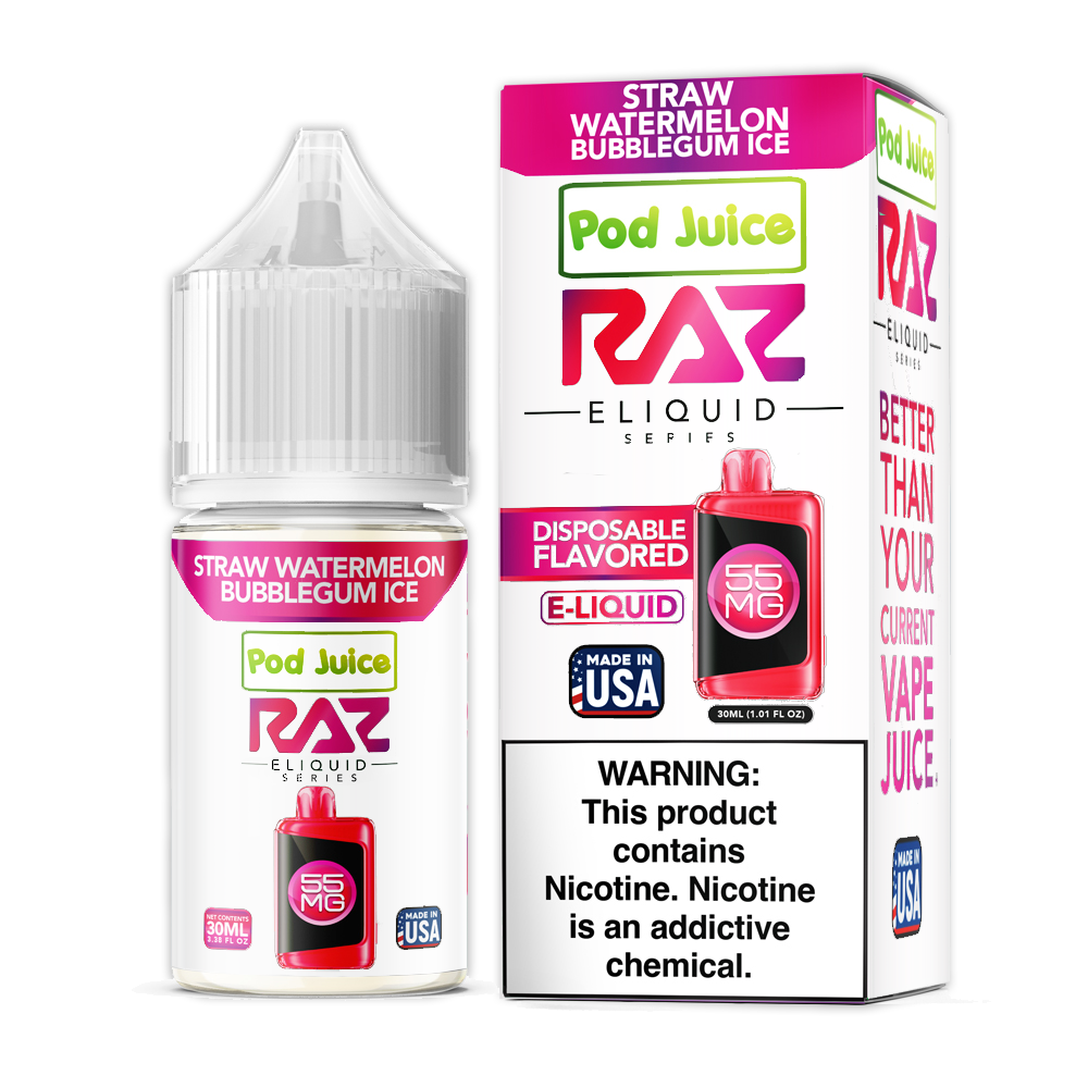 Pod Juice + RAZ Disposables Collab Salt E-Liquid 30mL (Salt Nic) - Straw Watermelon Bubblegum Ice with packaging