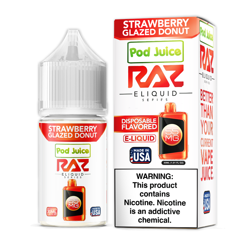 Pod Juice + RAZ Disposables Collab Salt E-Liquid 30mL (Salt Nic) - Strawberry Glazed Donut with packaging