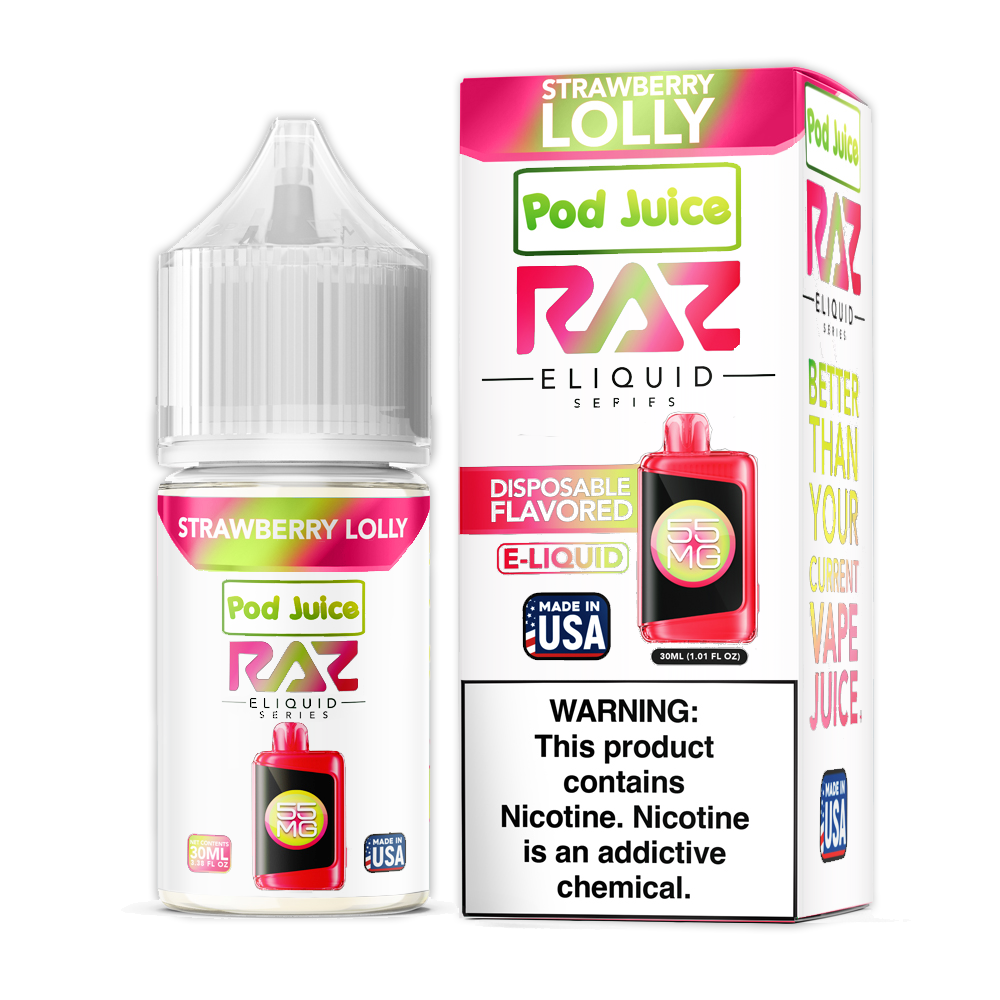 Pod Juice + RAZ Disposables Collab Salt E-Liquid 30mL (Salt Nic) - Strawberry Lolly with packaging