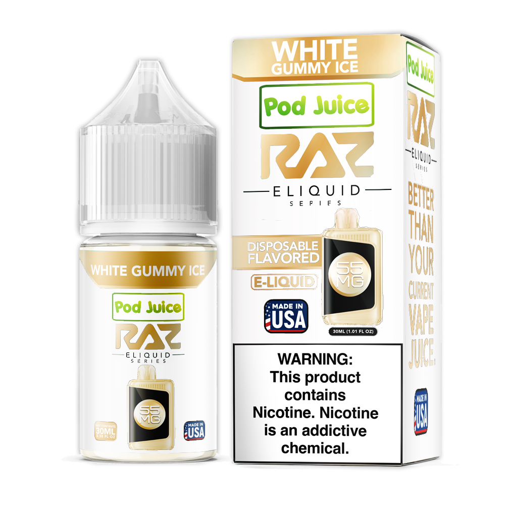 Pod Juice + RAZ Disposables Collab Salt E-Liquid 30mL (Salt Nic) - White Gummy Ice with packaging