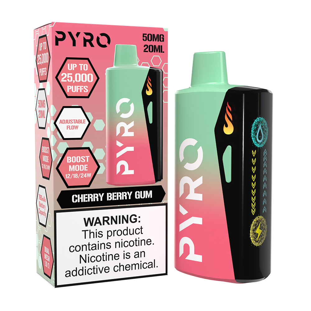 Pyro Boost Disposable | 25000 Puffs | 20mL | 50mg | MOQ 5 | Cherry Berry Gum with packaging