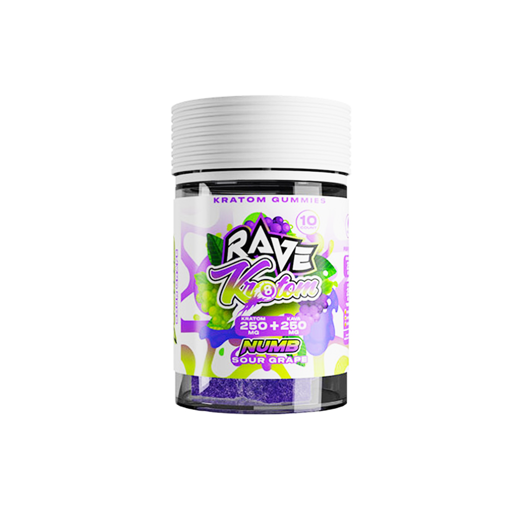 Rave Kratom Gummies (10ct Jar) - Sour Grape (Numb)
