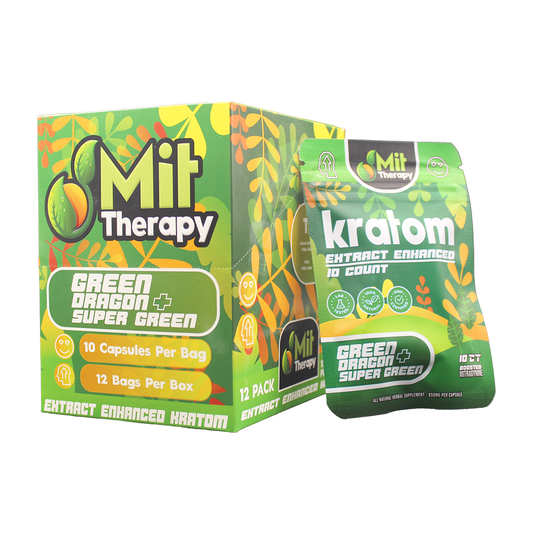 MIT Therapy Kratom Capsules 650mg 10ct Pouch (12pc Display) - Green Dragon/ Super Green with packaging