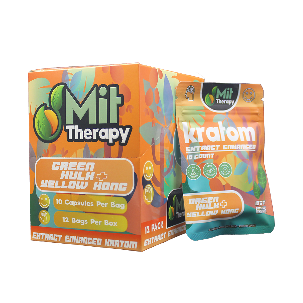 MIT Therapy Kratom Capsules 650mg 10ct Pouch (12pc Display) - Green Hulk/ Yellow Kong with packaging