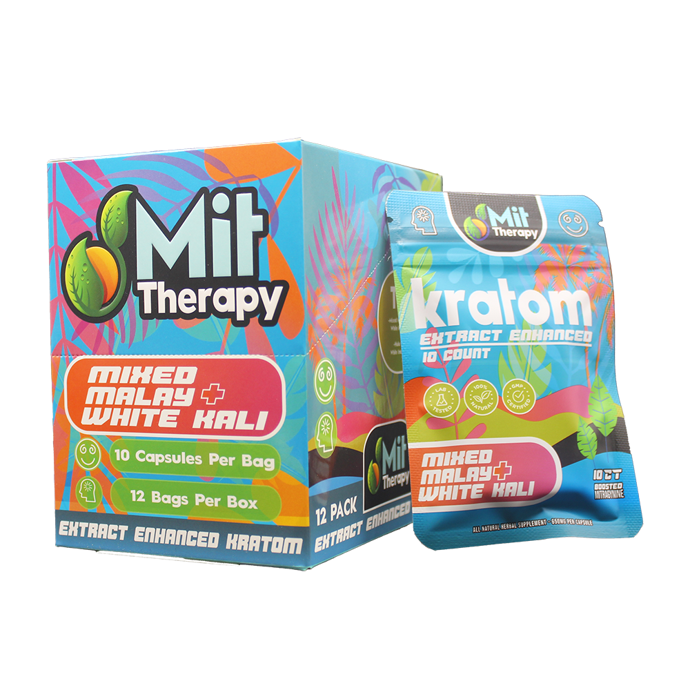 MIT Therapy Kratom Capsules 650mg 10ct Pouch (12pc Display) - Mixed Malay/ White Kali with packaging